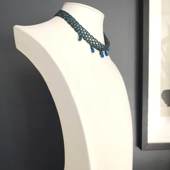 Bule and multi color iridescent seed bead choker with blue glass beads - Picture 3 of 12